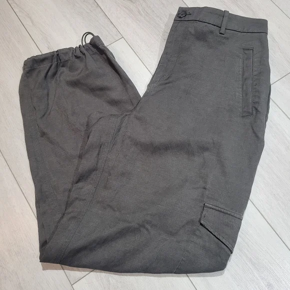 Contemporaine Women's Linen Blend Wide Leg Gathered Hem Cargo Pants Large Green - Picture 1 of 9